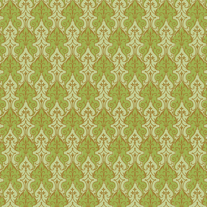 The 12x12 Phoebe Green Filigree Text Paper (5 sheets) features a green and gold damask pattern with ornate floral and vine motifs, ideal for archival use or as double-sided decorative paper.