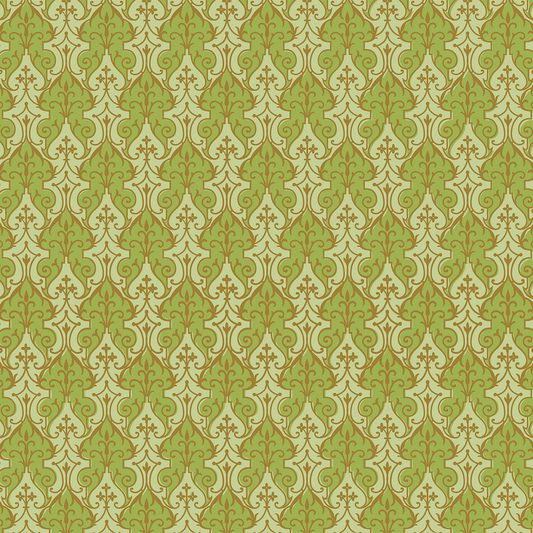 The 12x12 Phoebe Green Filigree Cardstock (5 sheets) features an ornate green and gold damask pattern with floral and vine motifs on double-sided paper, perfect for archival use.