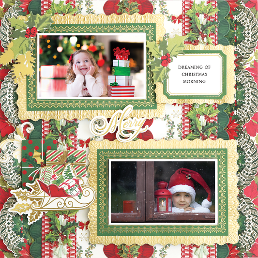 The 12x12 Scrapbook Page Christmas Garland Left features two children's Christmas photos, festive decor, gifts, holly, and the phrases "Dreaming of Christmas Morning" and "Merry" in a photorealistic paper crafted layout.