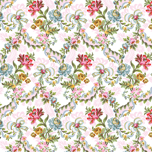 12x12 Phoebe Floral Pink Cardstock comes in a pack of 5 sheets, featuring ornate, colorful flowers and green leaves on a white background. Double-sided, acid and lignin free for lasting quality.
