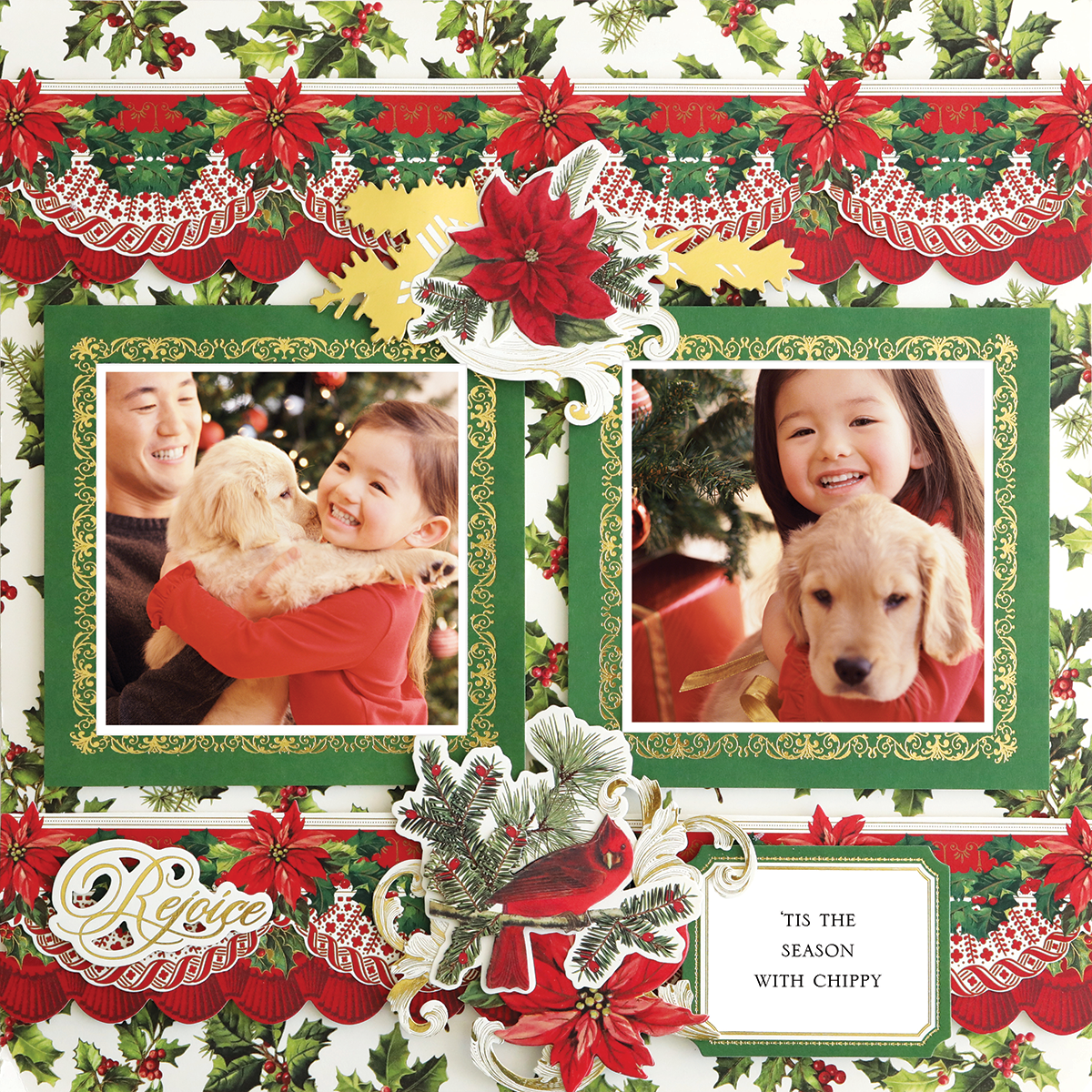 12x12 Scrapbook Page Christmas Garland Right featuring two photos of a smiling child with a golden puppy, festive decor, poinsettias, and "'Tis the season with Chippy" text.