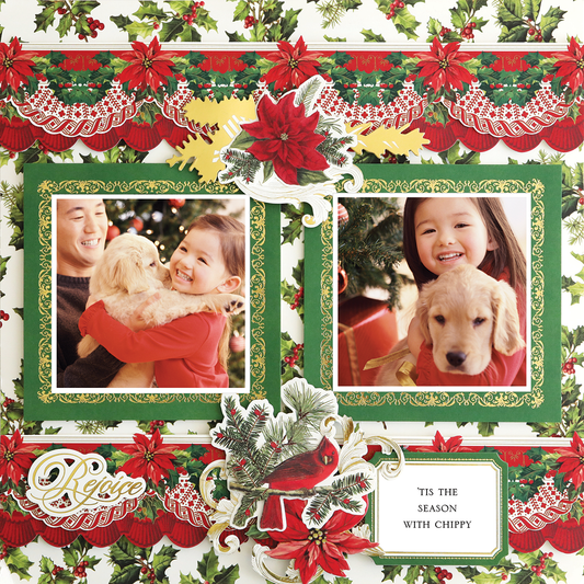 12x12 Scrapbook Page Christmas Garland Right featuring two photos of a smiling child with a golden puppy, festive decor, poinsettias, and "'Tis the season with Chippy" text.