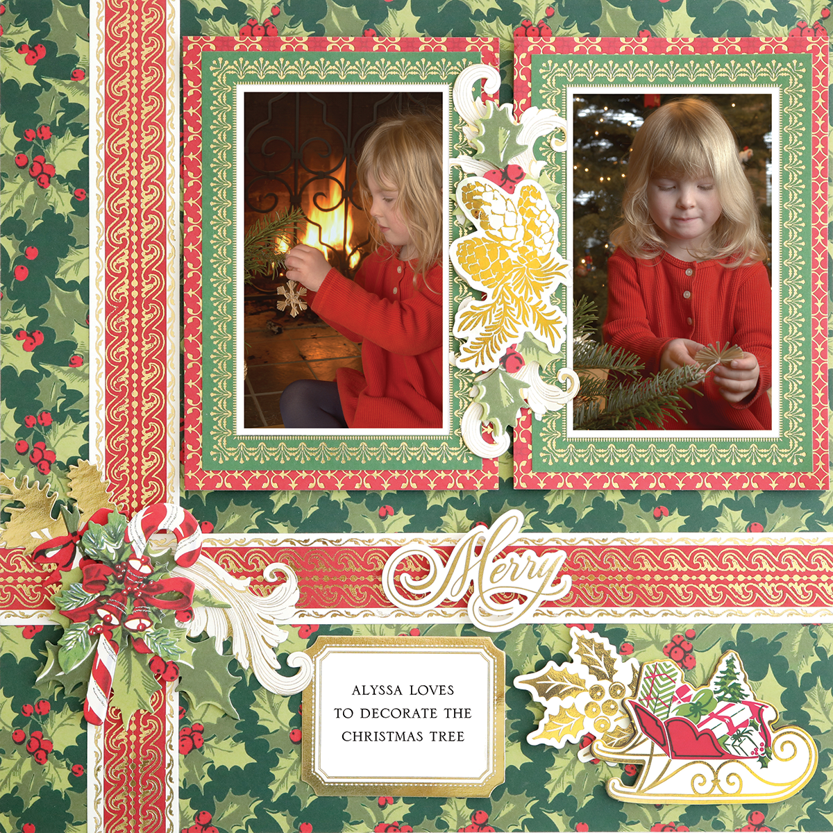 Two photos of a girl in a red coat decorating a Christmas tree appear on the "12x12 Scrapbook Page Christmas Gift Wrap Borders Left," featuring festive holly patterns and the word "Merry" for a charming, photorealistic holiday layout.