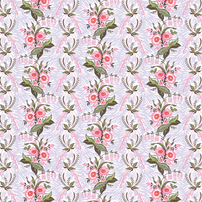 12x12 Phoebe Stripe Lavender Text Paper (5 sheets) features a repeating floral pattern in pink, red, and green on a light lavender background. Perfect for archival use or crafting with double-sided text paper.