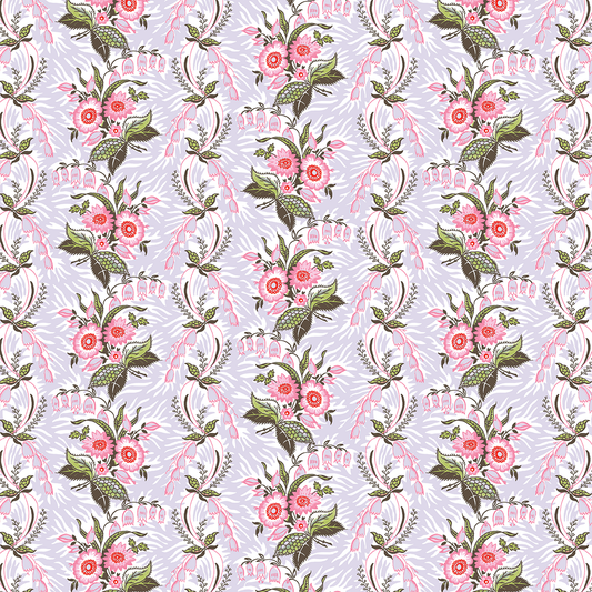 12x12 Phoebe Stripe Lavender Cardstock (5 sheets) features a repeating floral pattern with pink and red flowers, green leaves, and decorative stems on light lavender acid and lignin free double-sided sheets.