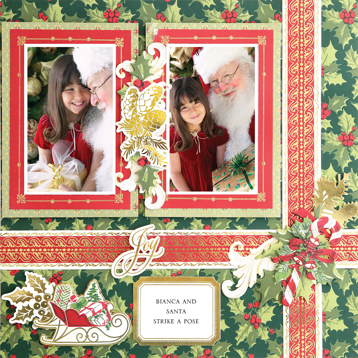 A girl in red poses with Santa amid festive décor on the "12x12 Scrapbook Page Christmas Gift Wrap Borders Right," featuring realistic green and red holiday-themed borders for photo-realistic paper crafting.