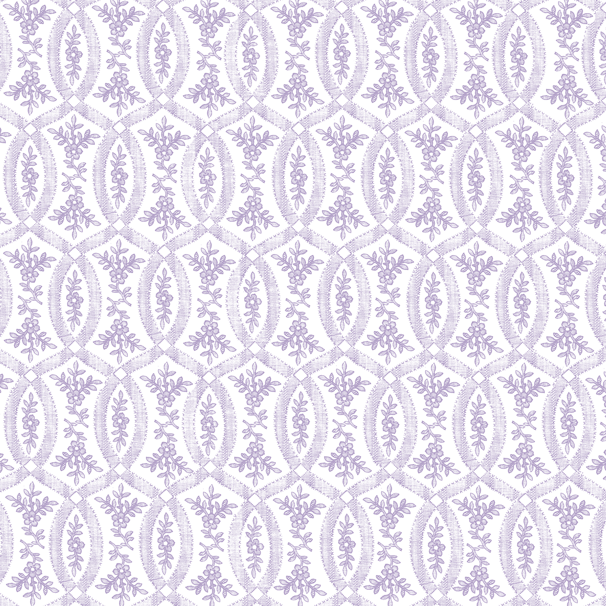 12x12 Phoebe Lavender Filigree Cardstock (5 sheets) features a repeating lavender geometric pattern with ovals and floral motifs on white—ideal for archival use or crafting.