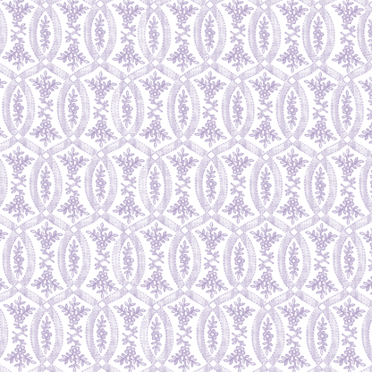 12x12 Phoebe Lavender Filigree Cardstock (5 sheets) features a repeating lavender geometric pattern with ovals and floral motifs on white—ideal for archival use or crafting.