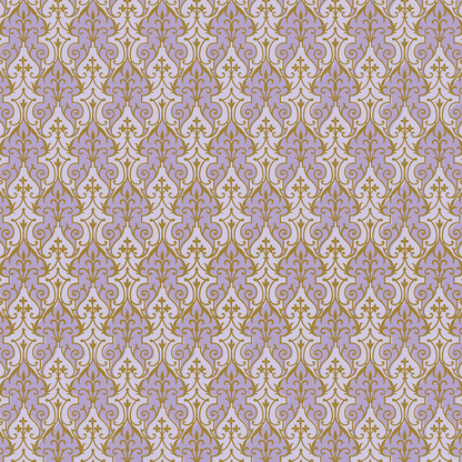 The 12x12 Phoebe Lavender Filigree Cardstock 5 sheets features ornate gold and lavender damask designs on light purple, ideal for archival use or elegant double-sided projects in the Phoebe collection.