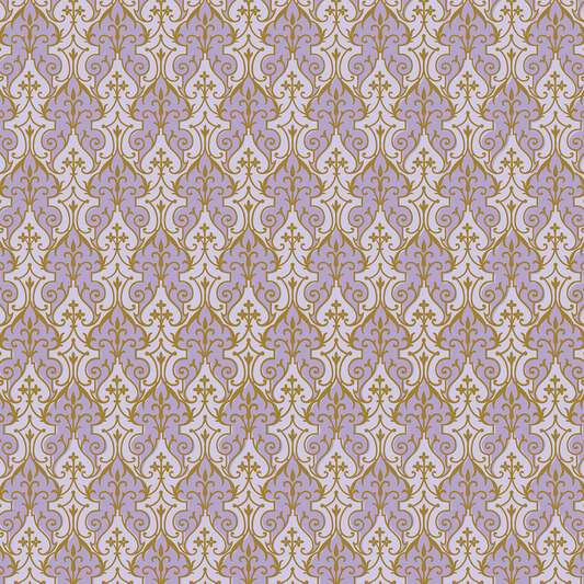 The 12x12 Phoebe Lavender Filigree Cardstock 5 sheets features ornate gold and lavender damask designs on light purple, ideal for archival use or elegant double-sided projects in the Phoebe collection.