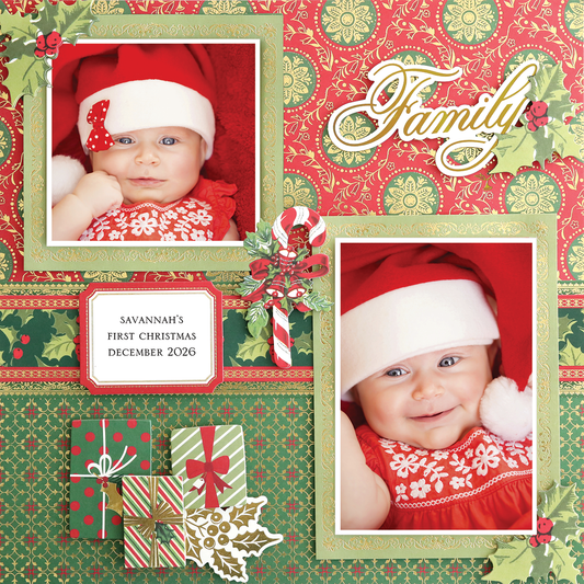Two baby photos in Santa hats appear on the 12x12 Scrapbook Page Christmas Gilded Medallion Left, featuring a festive background with "Family," gift illustrations, and the text "Savannah's First Christmas December 2026.