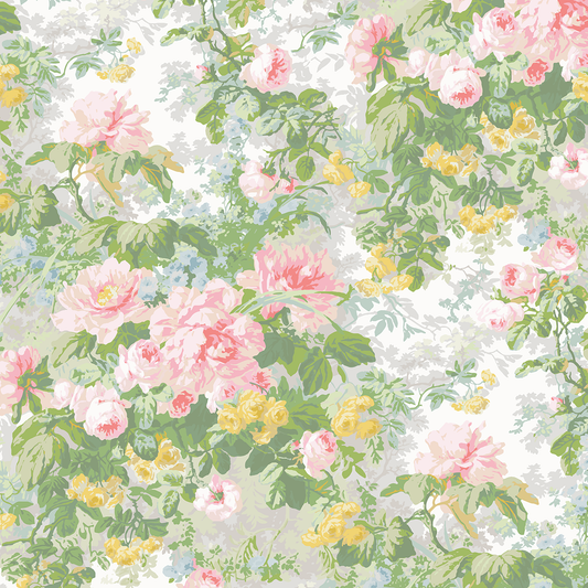 12x12 Virginia Main Floral Green Cardstock—5 sheets featuring pink and yellow flowers with green leaves on a light background. Perfect for archival use or crafting projects with double-sided cardstock.