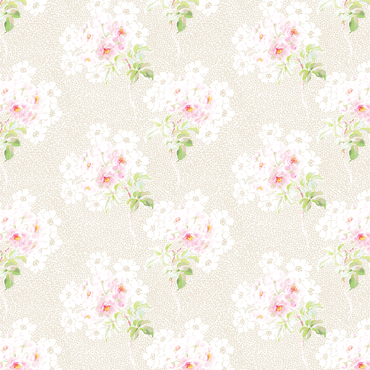 The 12x12 Virginia Posy Toss Ivory Text Paper (5 sheets) features a seamless pattern of light pink and white watercolor flowers with green leaves on a soft beige, subtly dotted background—ideal for double-sided text or archival projects.