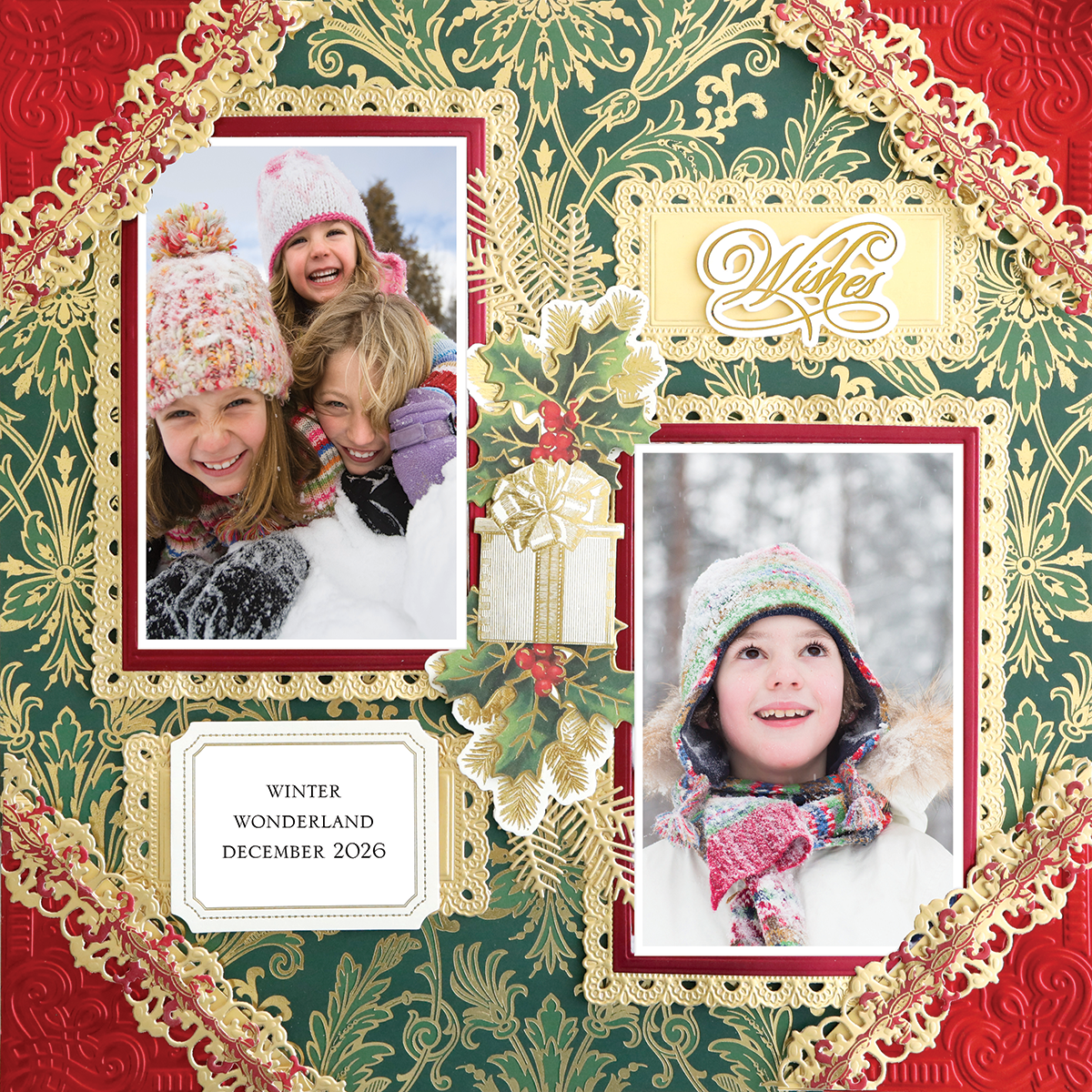 Two photos of smiling children in winter clothes are framed on the 12x12 Scrapbook Page Christmas Green Gold Damask Diamond Left, featuring festive gold, green, and red designs perfect for capturing holiday memories.