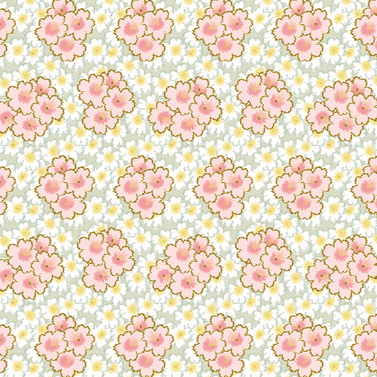 12x12 Virginia Flower Clusters Green Text Paper features clusters of pink flowers with yellow centers, white flowers, and green foliage on a light background. Includes 5 sheets—archival quality and ideal for double-sided text.