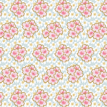 12x12 Virginia Flower Clusters Blue Cardstock (5 sheets) features seamless pink flower clusters with yellow centers, accented by small white flowers on a light blue background—ideal for archival use or crafting projects.