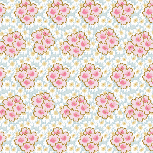12x12 Virginia Flower Clusters Blue Cardstock (5 sheets) features seamless pink flower clusters with yellow centers, accented by small white flowers on a light blue background—ideal for archival use or crafting projects.
