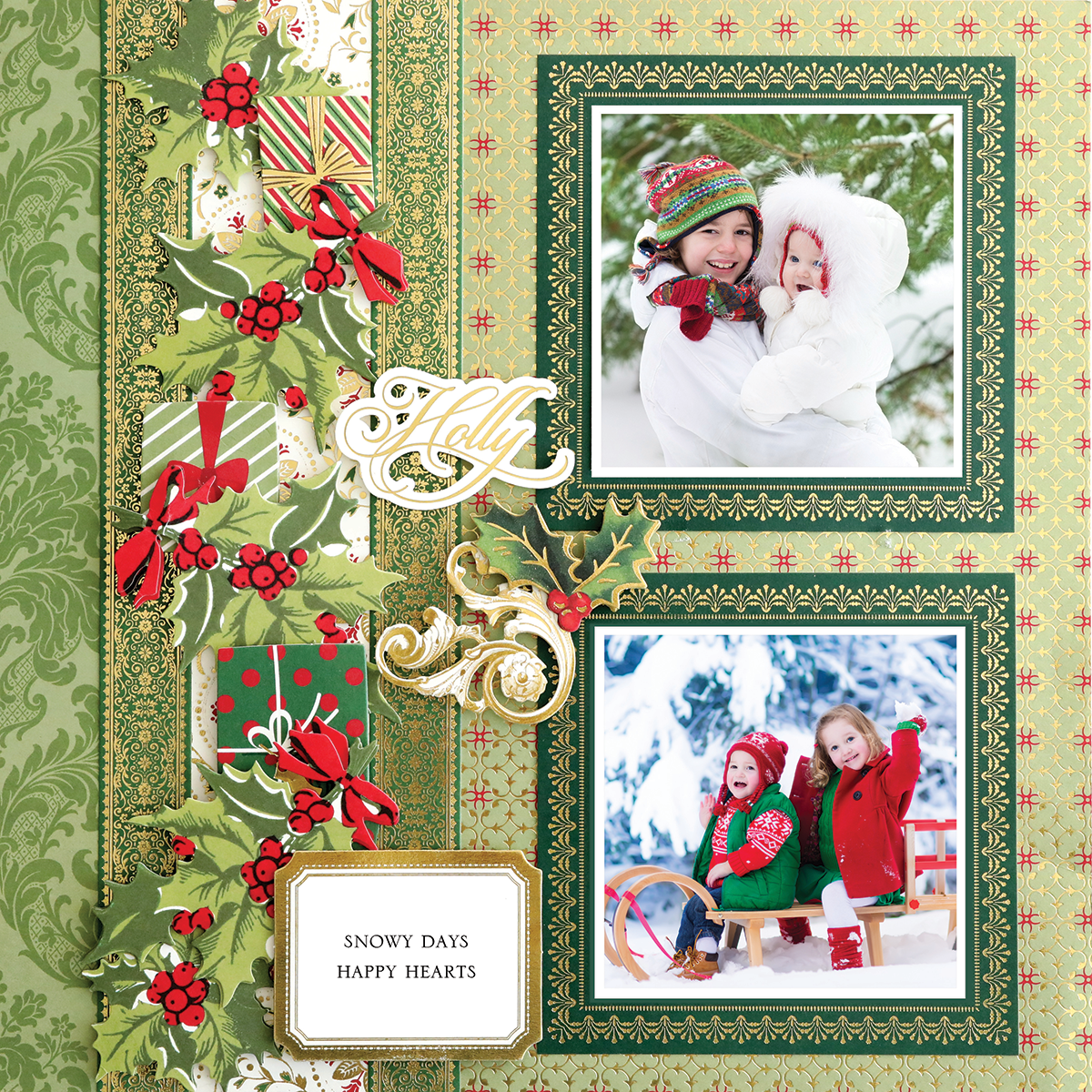 The 12x12 Scrapbook Page Christmas Holly Present Stripe Left highlights two winter photos of kids and an adult, adorned with holly, presents, and a "SNOWY DAYS HAPPY HEARTS" sign for a festive, photo-realistic paper crafting look.