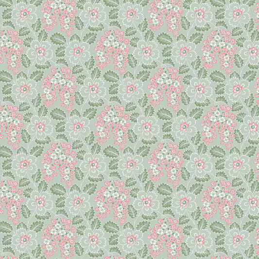 The 12x12 Virginia Flower Vine Green Cardstock (5 sheets) features a repeating pink floral and green leaf pattern on light gray, ideal for double-sided cardstock or archival projects.