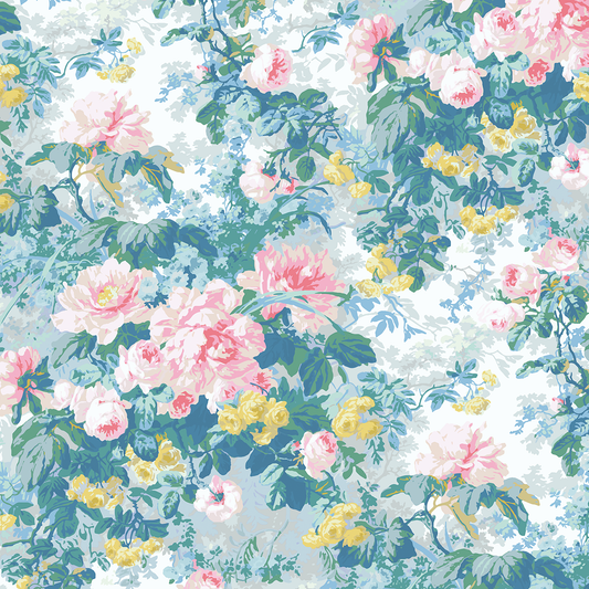 The 12x12 Virginia Main Floral Blue Cardstock features pink and yellow flowers with green leaves and blue accents on a white background; double-sided, archival quality, sold in packs of 5 sheets—perfect for any Virginia-themed project.