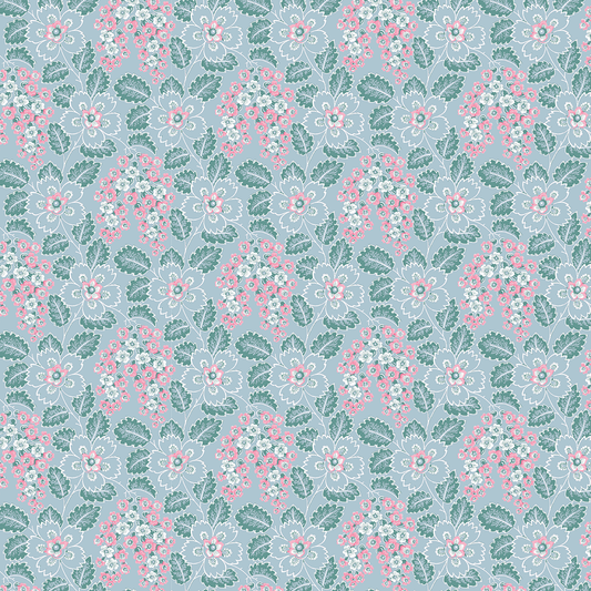 The 12x12 Virginia Flower Vine Blue Cardstock (5 sheets) features a seamless floral pattern with pink flowers and green leaves on light blue. Densely arranged, double-sided, perfect for crafts or archiving.