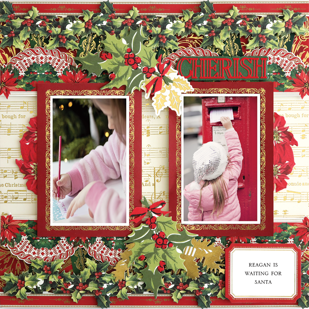 A child writes and mails a letter to Santa, surrounded by festive decor, on the "12x12 Scrapbook Page Christmas Holly with Red Garland Right." The note reads: "Reagan is waiting for Santa.