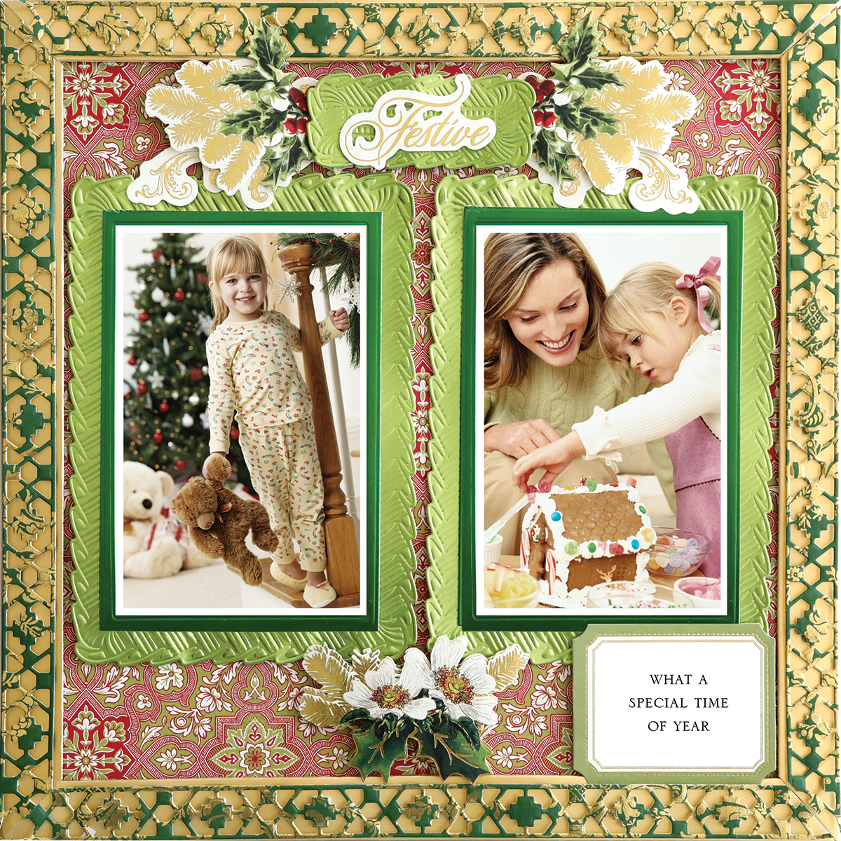 A young girl with a teddy bear stands by a staircase while a woman and child decorate a gingerbread house; festive holiday decor surrounds these photorealistic elements on the 12x12 Scrapbook Page Christmas Light Green Frames Left.