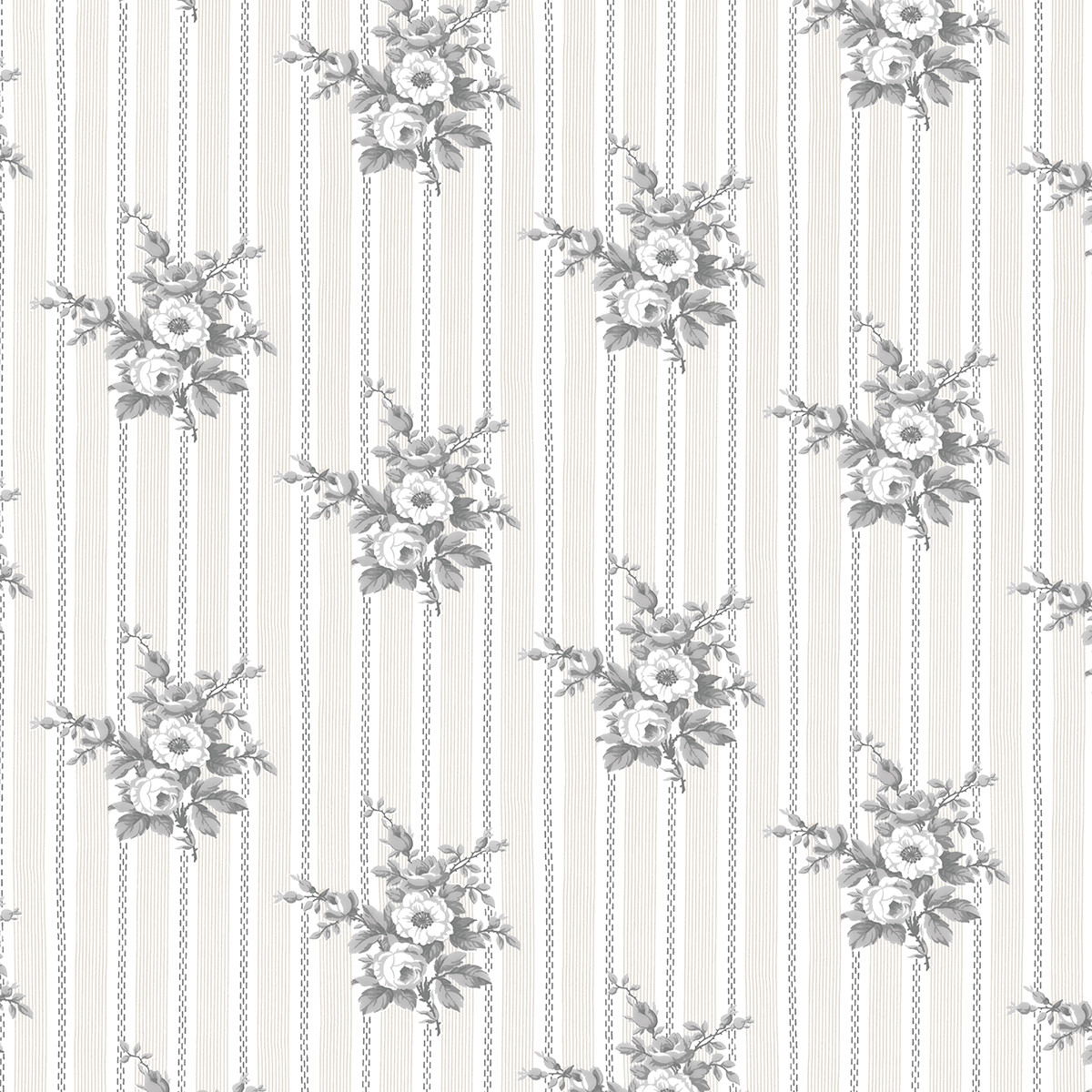 The 12x12 Faded Rose Main Floral Cardstock (5 sheets) features gray floral bouquets in a grid pattern on white with gray stripes and chain-like details—ideal double-sided cardstock for archival projects.