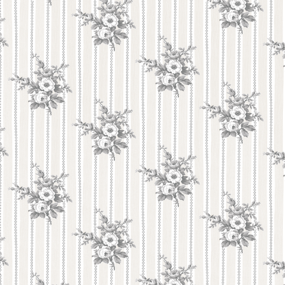 The 12x12 Faded Rose Main Floral Cardstock (5 sheets) features gray floral bouquets in a grid pattern on white with gray stripes and chain-like details—ideal double-sided cardstock for archival projects.