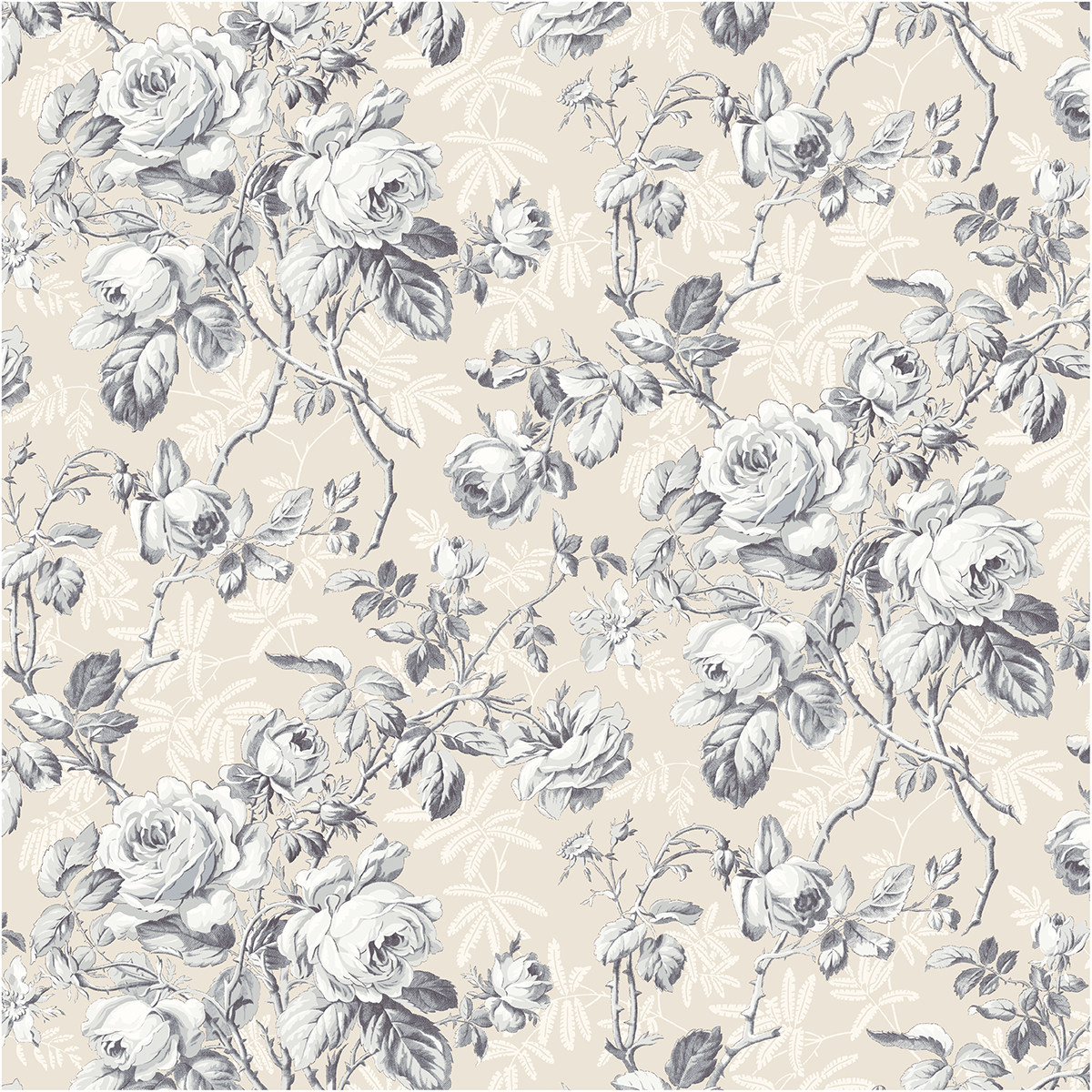 12x12 Faded Rose Main Floral Cardstock (5 sheets) features vintage-style grey roses and leaves on a beige double-sided paper with subtle botanical patterns—ideal for archival use.