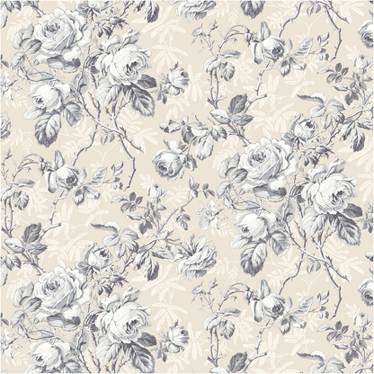 12x12 Faded Rose Main Floral Cardstock (5 sheets) features vintage-style grey roses and leaves on a beige double-sided paper with subtle botanical patterns—ideal for archival use.