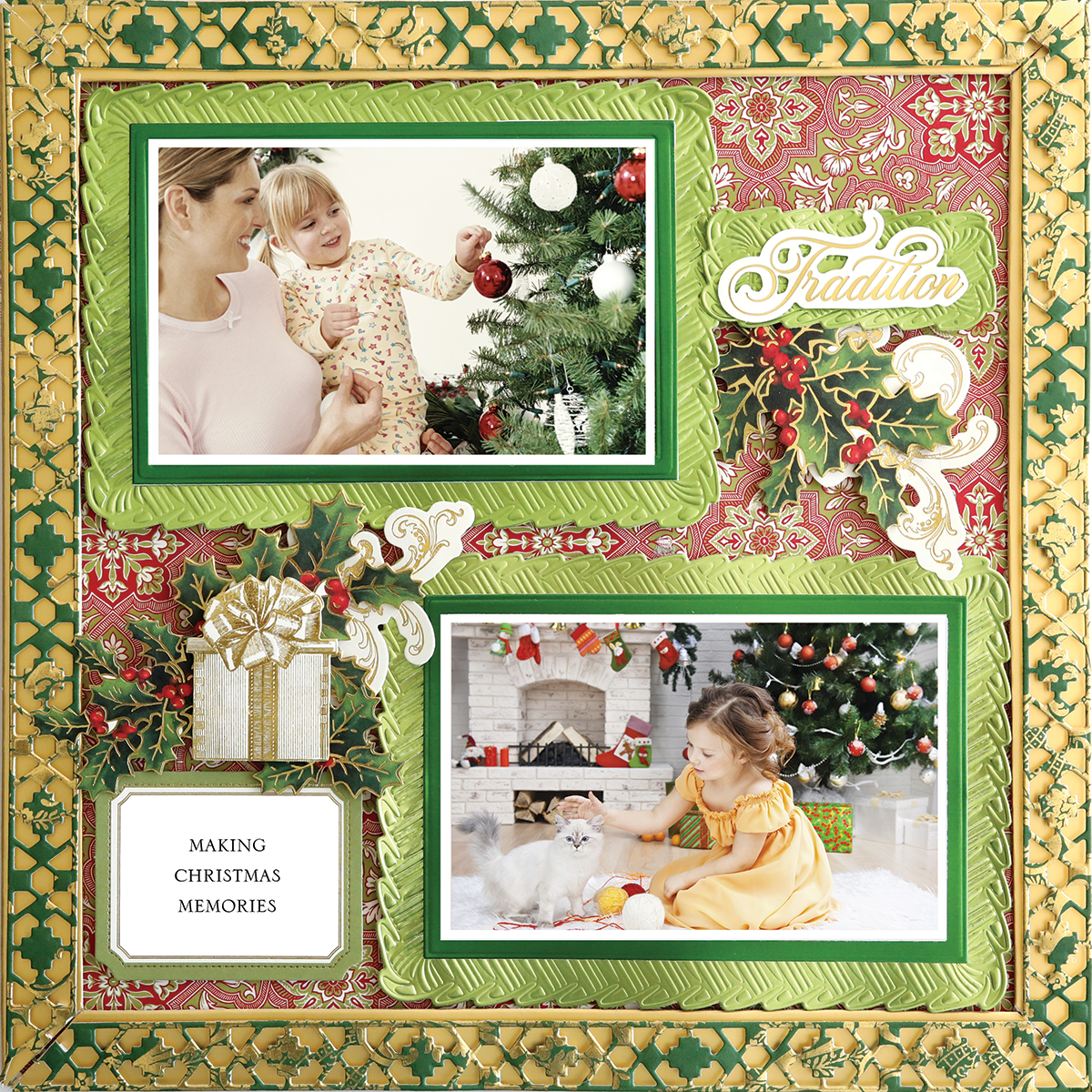 The 12x12 Scrapbook Page Christmas Light Green Frames Right displays two photos: a woman and child decorating a tree, and a girl in yellow with a cat by the fireplace. Captions include "Tradition" and "Making Christmas Memories.