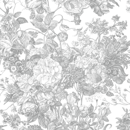 Black and white illustration of detailed flowers and leaves, vintage botanical style, featured on 12x12 Faded Rose Floral Gray Cardstock (5 sheets), ideal for archival projects or as part of the Faded Rose collection.