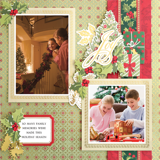 The 12x12 Scrapbook Page Christmas Light Green Quatrefoil Left displays kids enjoying Christmas decor and opening gifts, with "Joy" and warm family memories on a festive, vibrant background.