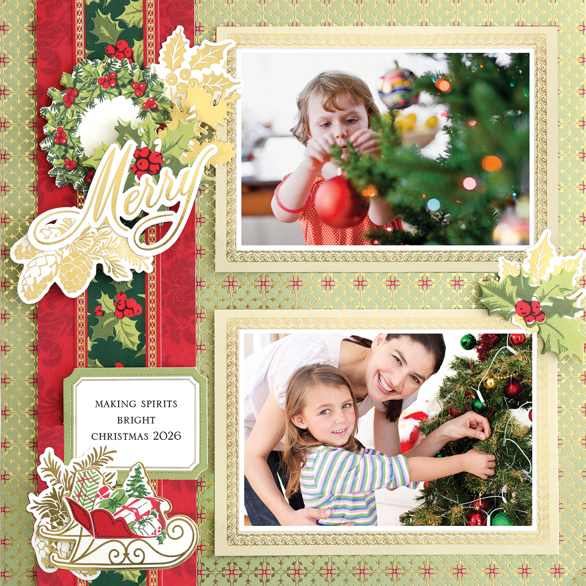A 12x12 digital scrapbook page, "Christmas Light Green Quatrefoil Right," featuring children and an adult decorating a Christmas tree with photo-realistic elements and a “Making Spirits Bright Christmas 2026” label.