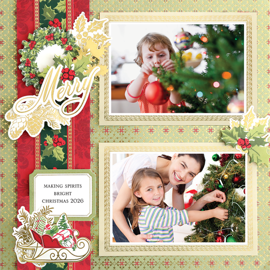 A 12x12 digital scrapbook page, "Christmas Light Green Quatrefoil Right," featuring children and an adult decorating a Christmas tree with photo-realistic elements and a “Making Spirits Bright Christmas 2026” label.