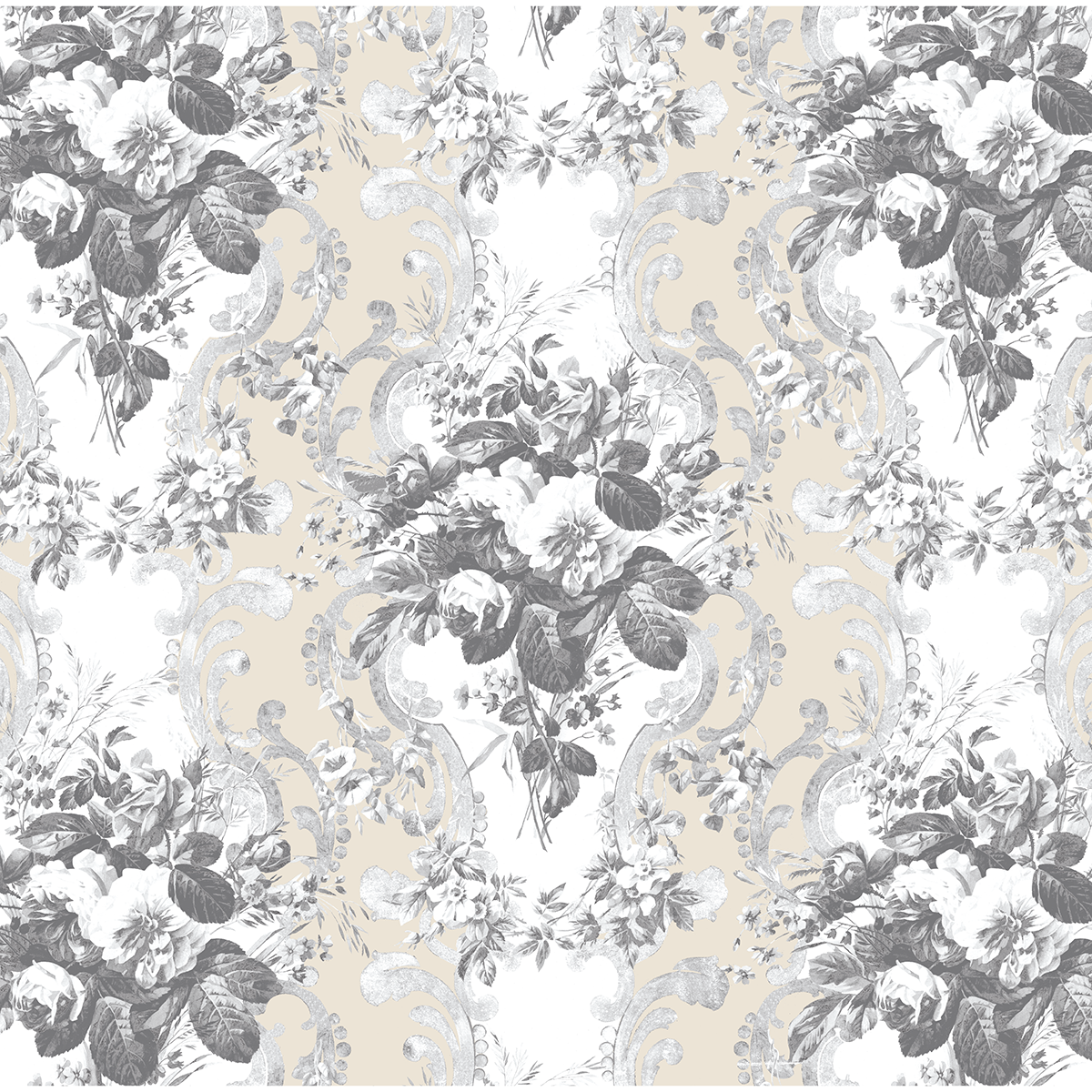 The 12x12 Faded Rose Floral Stripe Text Paper features detailed gray flowers, leaves, and scrollwork on beige in a vintage design—perfect for double-sided text or archival projects. Set includes 5 sheets.