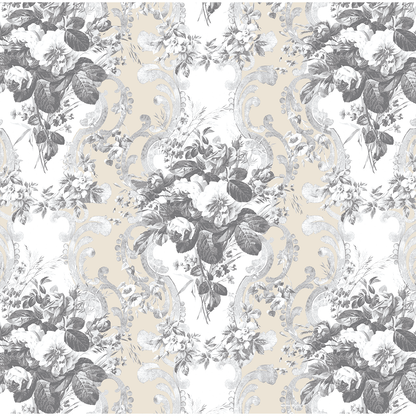 The 12x12 Faded Rose Floral Stripe Text Paper features detailed gray flowers, leaves, and scrollwork on beige in a vintage design—perfect for double-sided text or archival projects. Set includes 5 sheets.