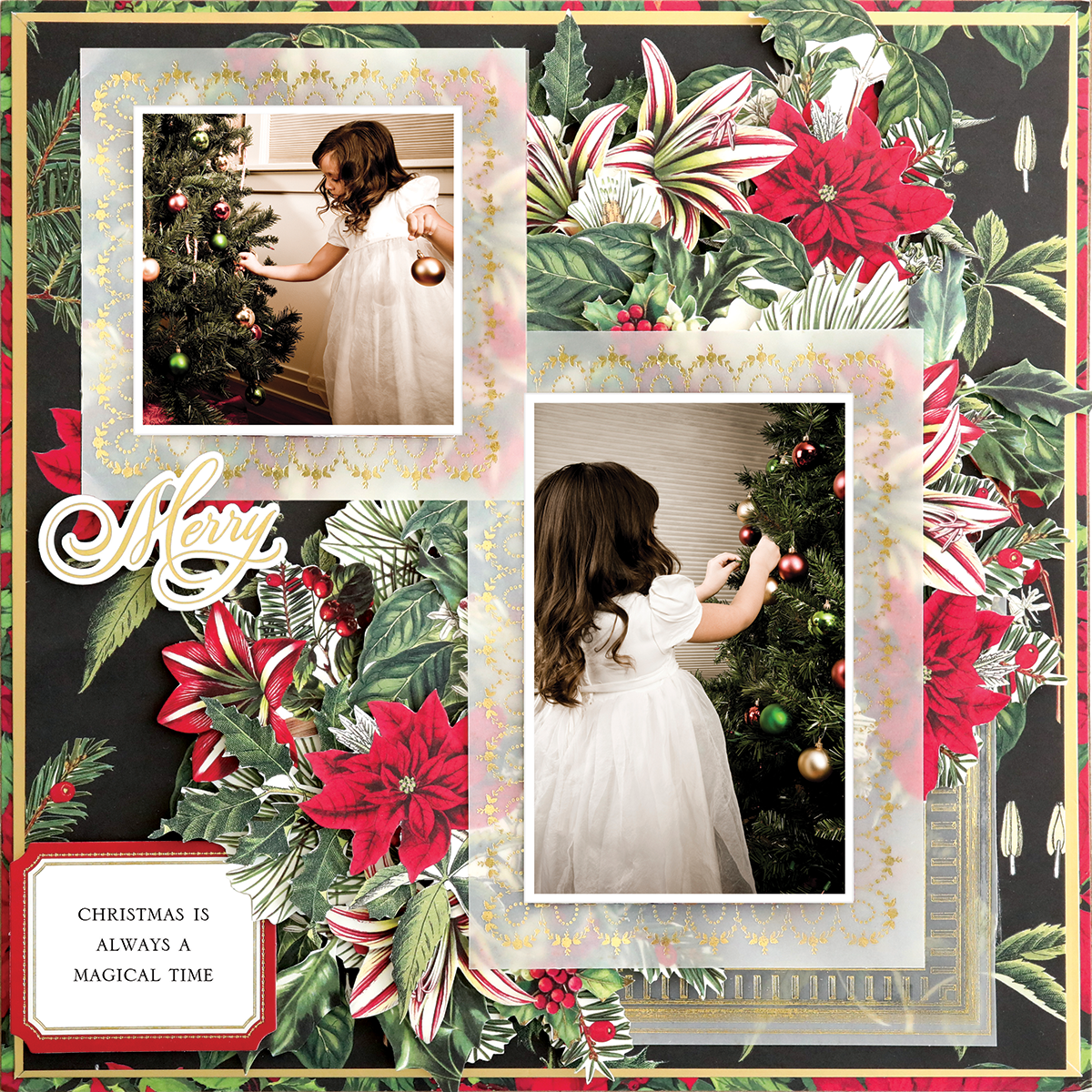 The 12x12 Scrapbook Page Christmas Poinsettia Bundle Left features a photorealistic layout of a young girl in white decorating a tree, accented by a festive floral border and the caption "Christmas is always a magical time.