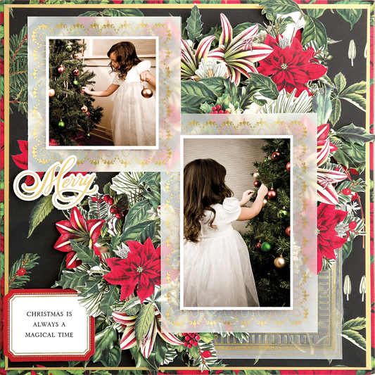 The 12x12 Scrapbook Page Christmas Poinsettia Bundle Left features a photorealistic layout of a young girl in white decorating a tree, accented by a festive floral border and the caption "Christmas is always a magical time.
