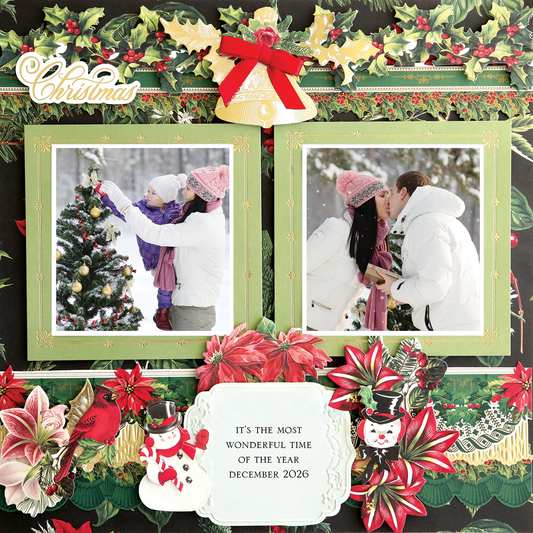 The 12x12 Scrapbook Page Christmas Poinsettia Bundle Right features two framed outdoor couple photos—one decorating a tree with a child, one kissing—accented by photorealistic poinsettia and festive decorations in a Christmas layout.