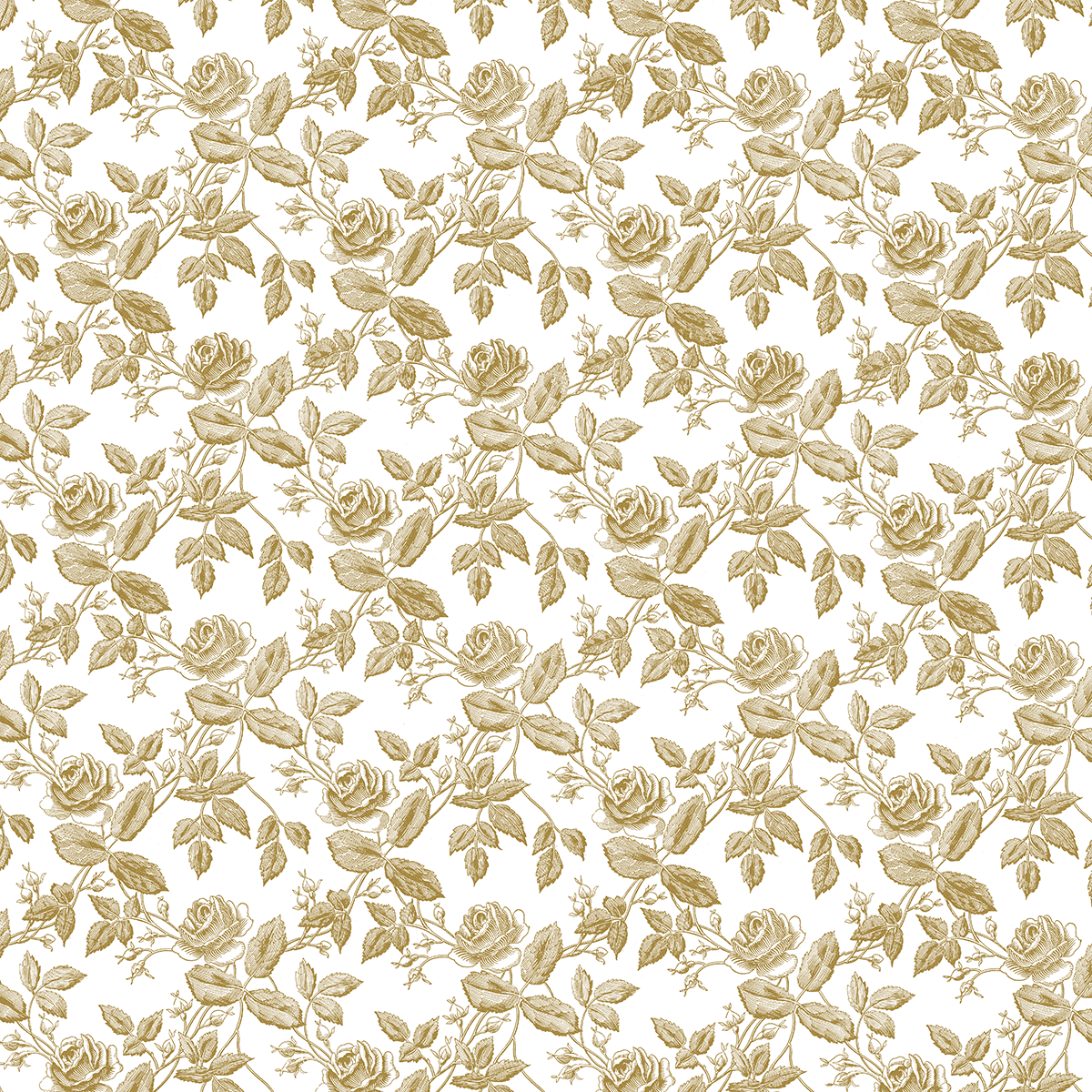 12x12 Faded Rose Vines Ivory Text Paper (5 sheets) features a seamless vintage gold rose and leaf design on white, ideal for archival use or complementing the Faded Rose collection.