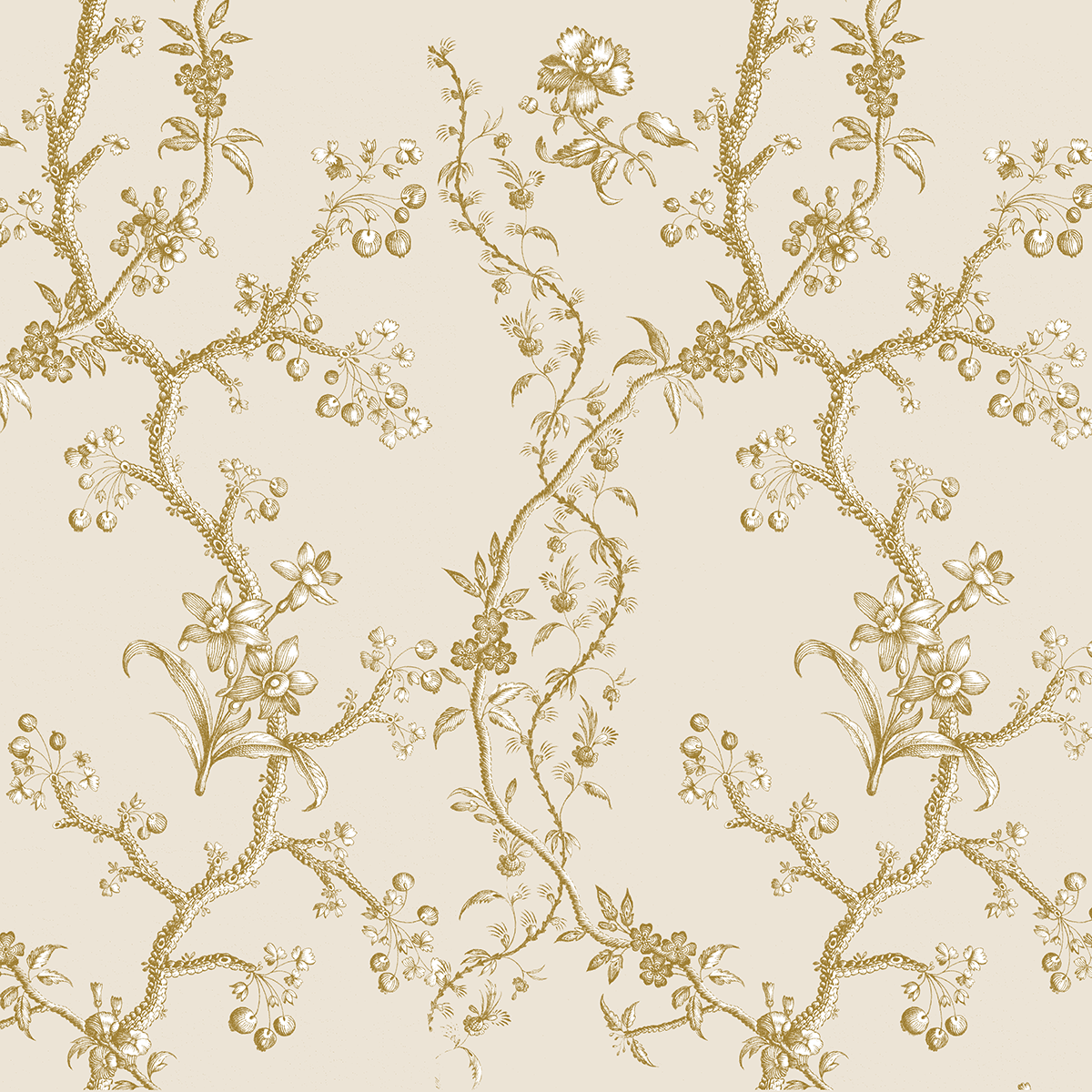 12x12 Faded Rose Vines Ivory Text Paper (5 sheets) features an intricate gold floral and vine pattern with leaves, flowers, and berries. Perfect for archival use or pairing with double-sided text paper projects.