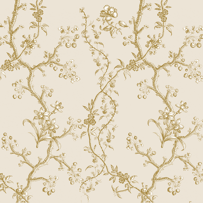12x12 Faded Rose Vines Ivory Text Paper (5 sheets) features an intricate gold floral and vine pattern with leaves, flowers, and berries. Perfect for archival use or pairing with double-sided text paper projects.