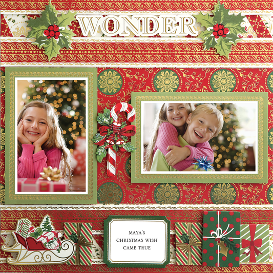 The 12x12 Scrapbook Page Christmas Poinsettia Medallion Left features two framed photos of happy children on a red and gold holiday background with holly, gifts, and "WONDER," capturing the moment Maya's Christmas wish came true.