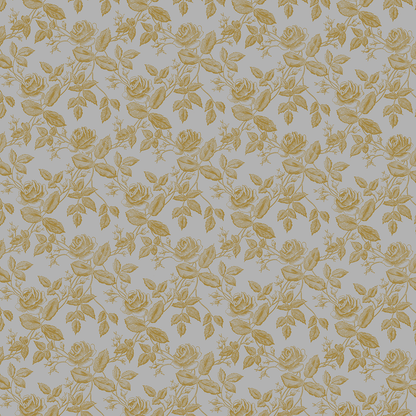 12x12 Faded Rose Vines Gray Text Paper, 5 sheets: features a repeating yellow rose pattern with leaves and stems on a light background. Perfect for adding timeless elegance to any project or the Faded Rose collection.