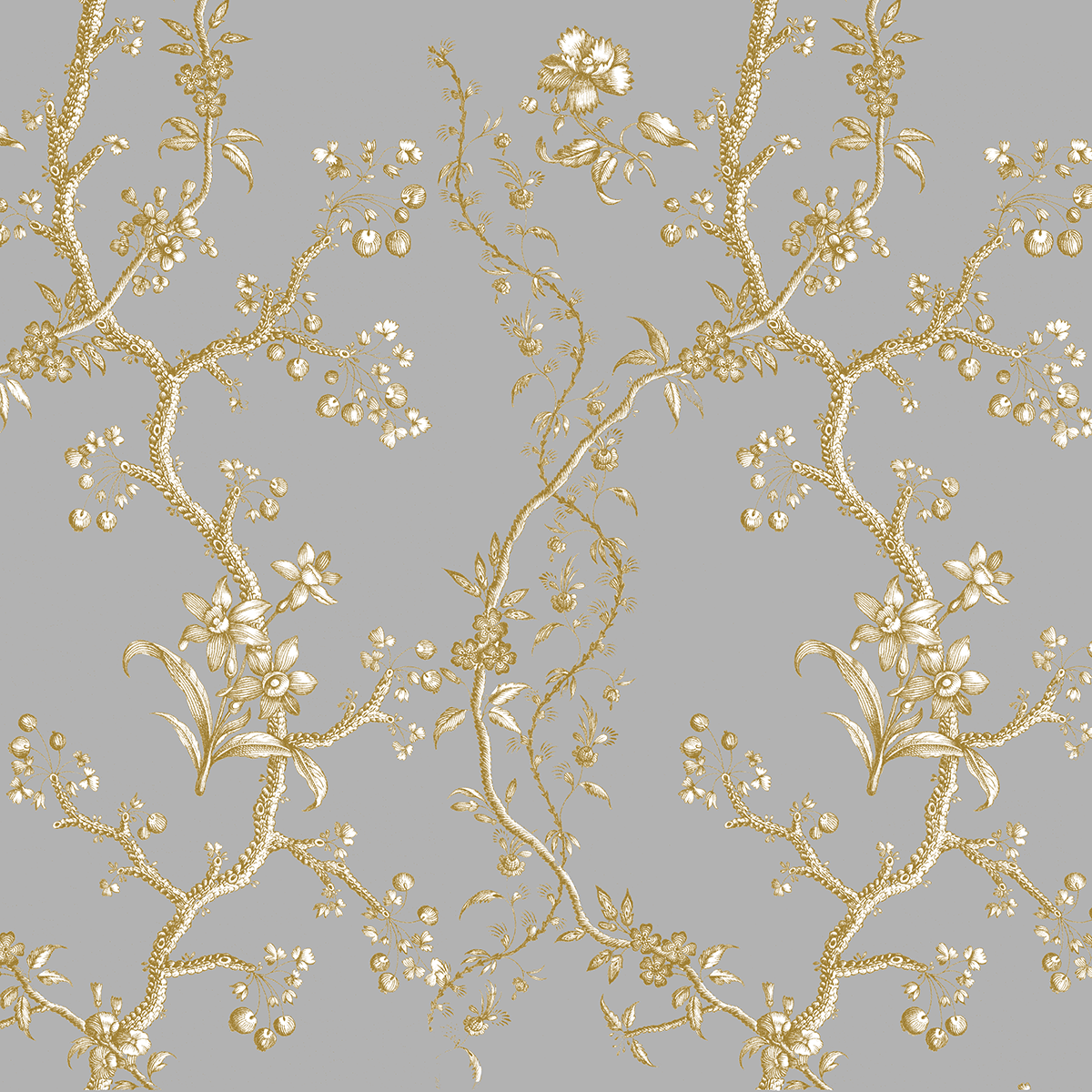 12x12 Faded Rose Vines Gray Text Paper (5 sheets) features a gold floral and vine pattern with intricate branches, flowers, and leaves on gray—perfect for archival use and double-sided text paper projects.