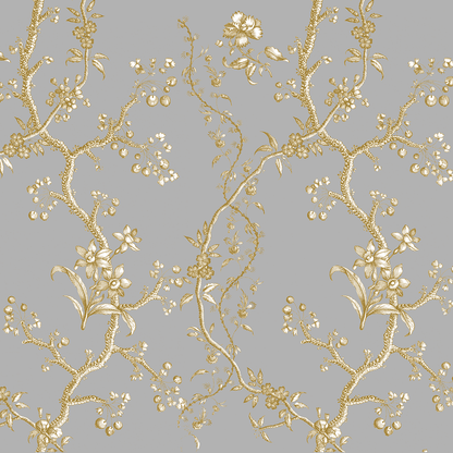 12x12 Faded Rose Vines Gray Text Paper (5 sheets) features a gold floral and vine pattern with intricate branches, flowers, and leaves on gray—perfect for archival use and double-sided text paper projects.