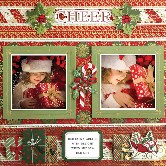 Photo realistic paper crafting shines on the 12x12 Scrapbook Page Christmas Poinsettia Medallion Right, showcasing two photos of a girl in a Santa hat opening a red polka-dot gift amid festive holiday décor and wrapped presents.