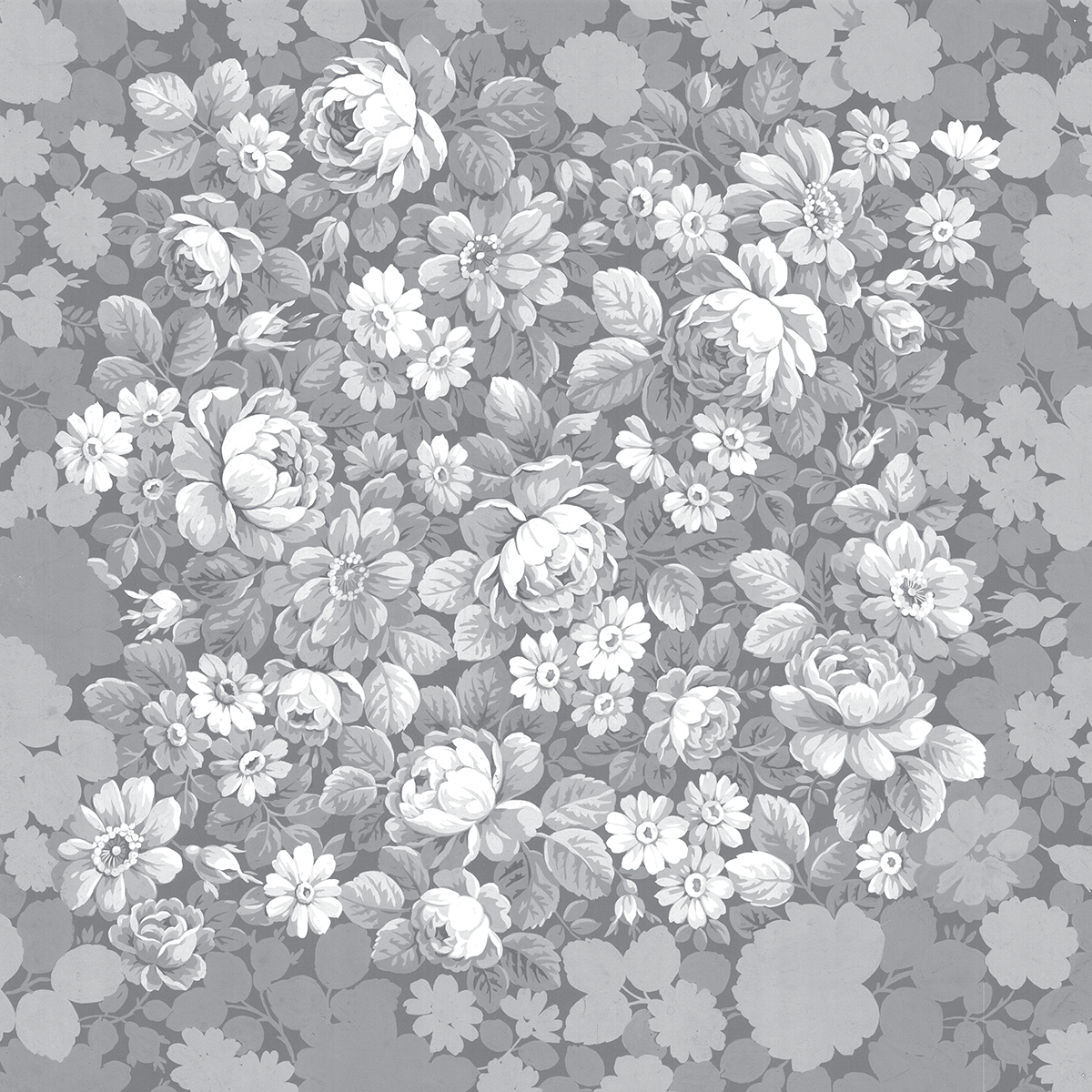 The 12x12 Faded Rose Flower Cluster Text Paper (5 sheets) features a grayscale floral pattern with densely arranged flowers and leaves, perfect for double-sided text paper or archival use.